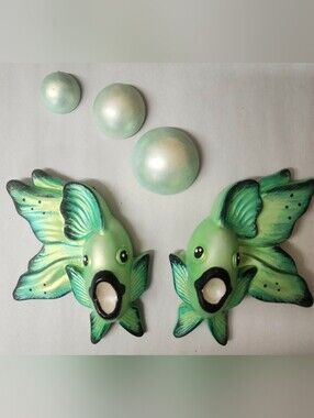 Green Chalkware Fish Wall Accents - Playful Coastal Décor